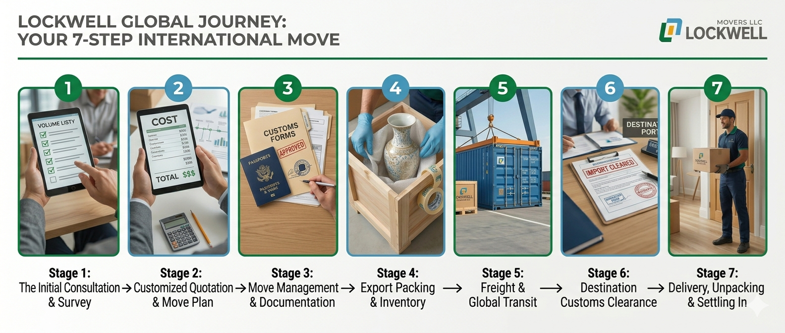 Image describing the 7 steps of international moving