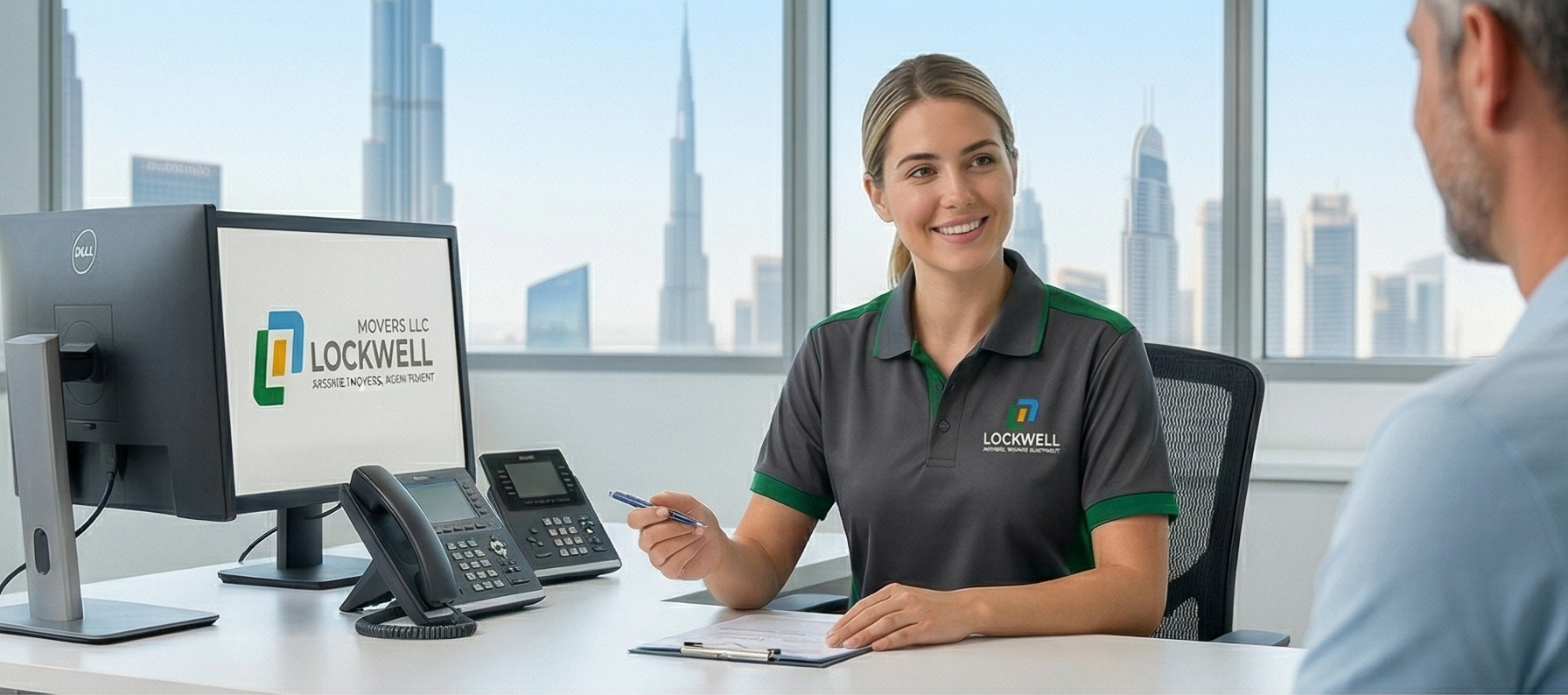 A female Lockwell Movers CSR, in a professional charcoal and green uniform with an embroidered logo, smiles and guides a male customer through a moving and storage booking. The modern Dubai office setting features a visible Cisco VoIP phone, a Dell monitor with the Lockwell logo, and the iconic Burj Khalifa skyline through a large window.
