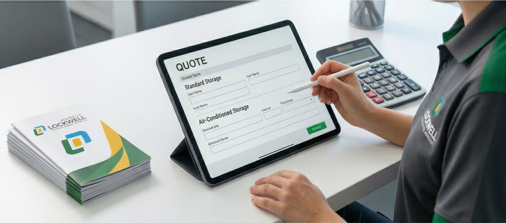 A close-up portrait detail of a meticulously organized desk in the Lockwell office. The central focus is on a modern tablet displaying a clear 'QUOTE' form, which is legible and lists options for 'Standard Storage' and 'Air-Conditioned Storage.' A hand (wearing a specific uniform sleeve) holds a stylus and touches the screen. Surrounding items include a stack of branded Lockwell brochures (showing the full logo) and a grey calculator.