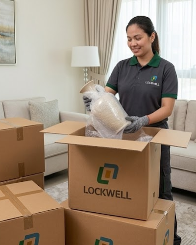 A Lockwell Movers employee carefully packing a bubble-wrapped fragile vase into a branded cardboard box inside a modern living room.